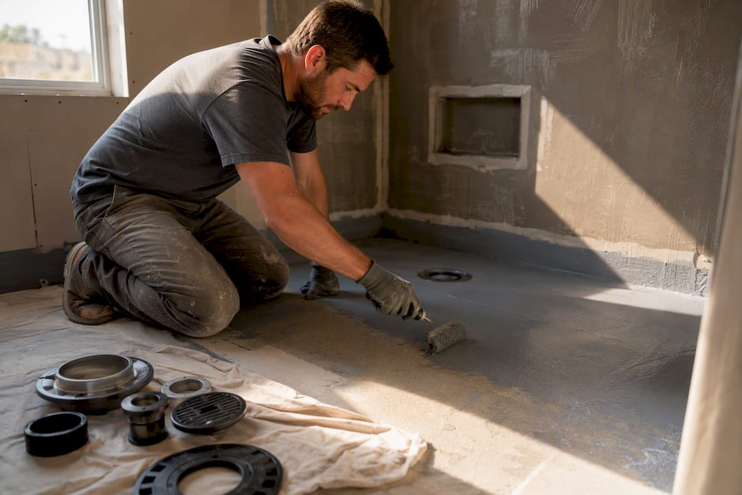 Worker applying waterproofing membrane on shower subfloor
