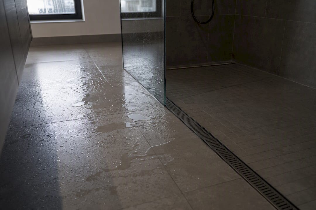 Water spreading on bathroom floor from shower runoff