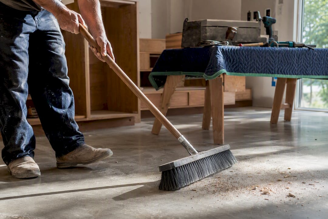 Hands sweeping hardwood floor during remodel