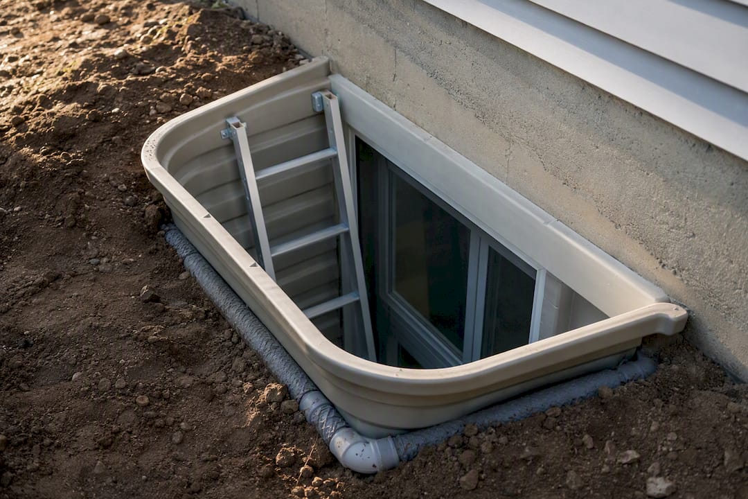 Basement window well with drainage pipe