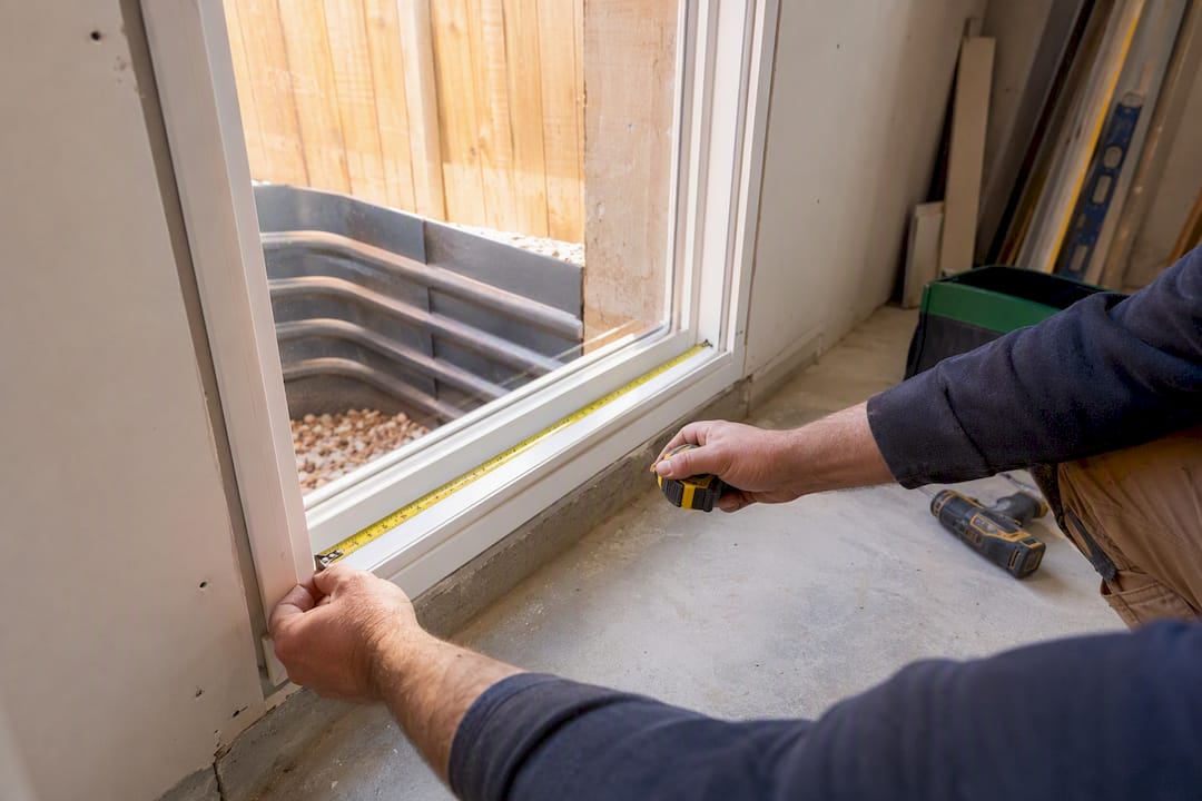 Hands measuring basement window opening