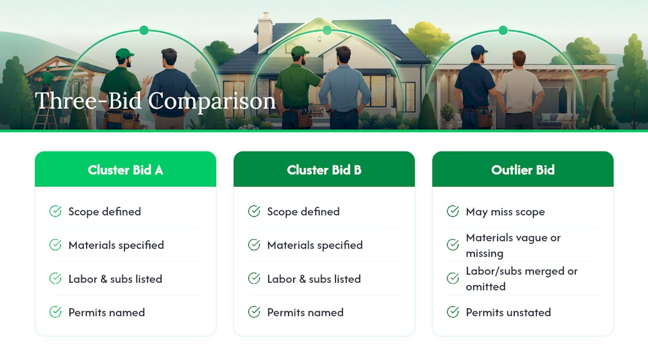 Three contractor bids compared with checklist fields