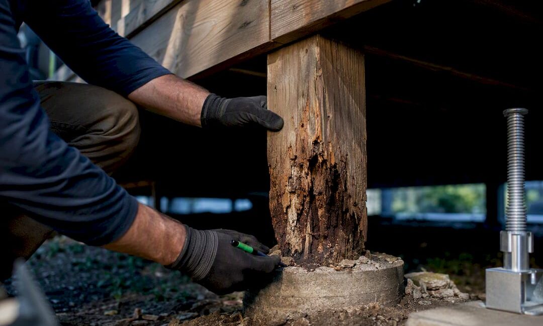 Rotted deck post beneath a beam