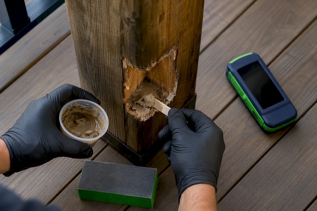 Applying epoxy filler to deck post