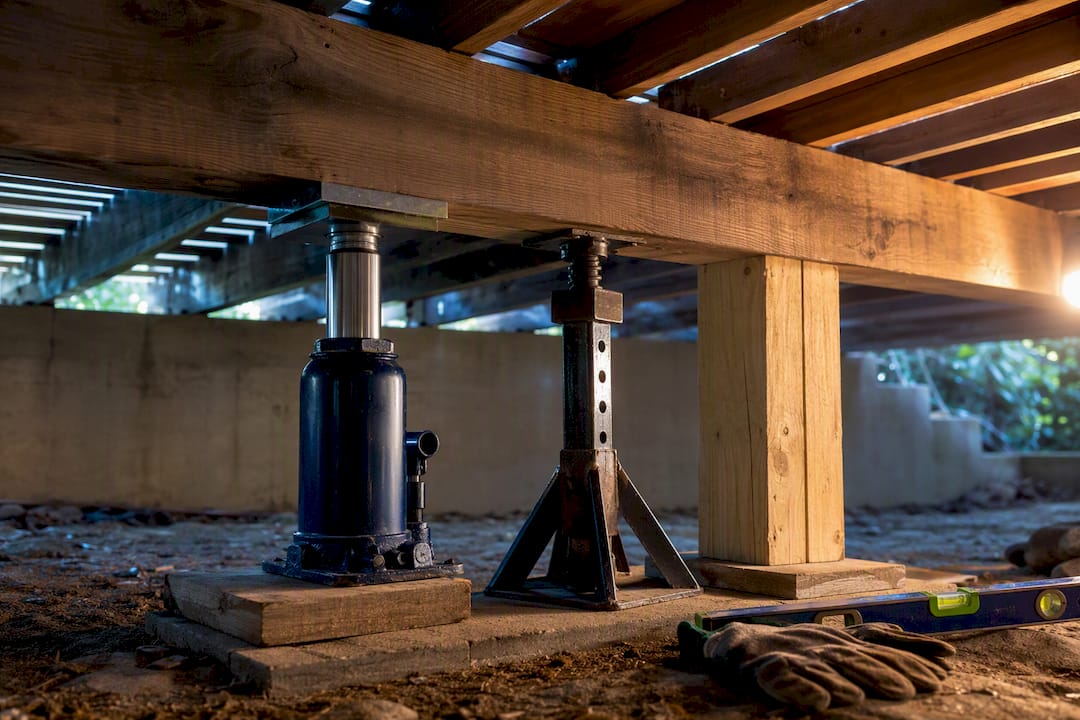 Hydraulic jack beside deck safety support