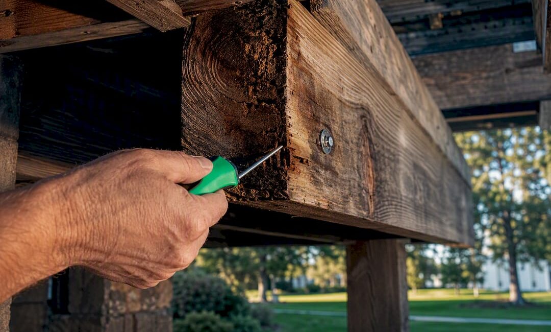 Homeowner probing a sagging deck joist