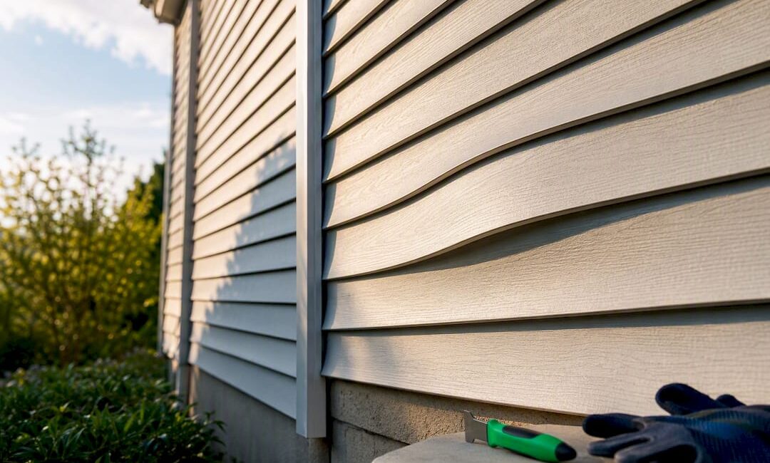 Warped vinyl siding panel on home exterior