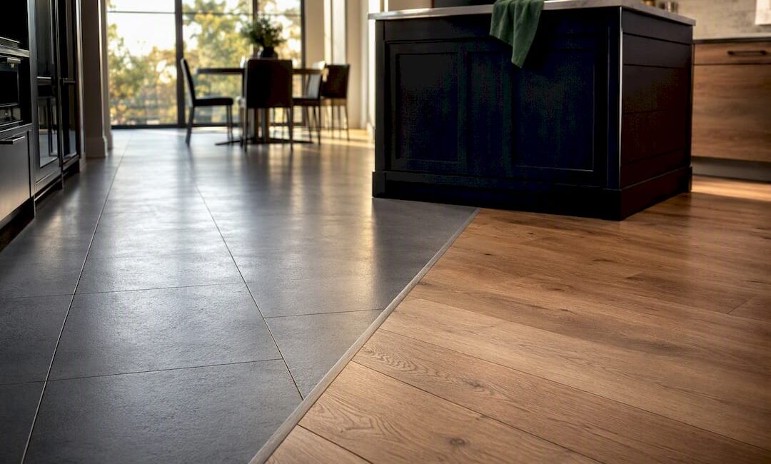 Kitchen with contrasting tile and plank flooring