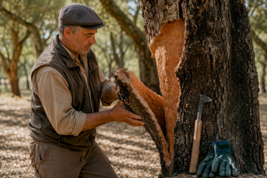 Cork bark being harvested from oak tree