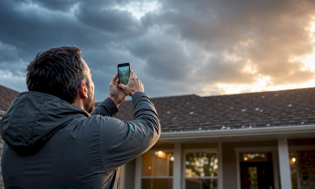 Homeowner documenting hail-damaged roof shingles