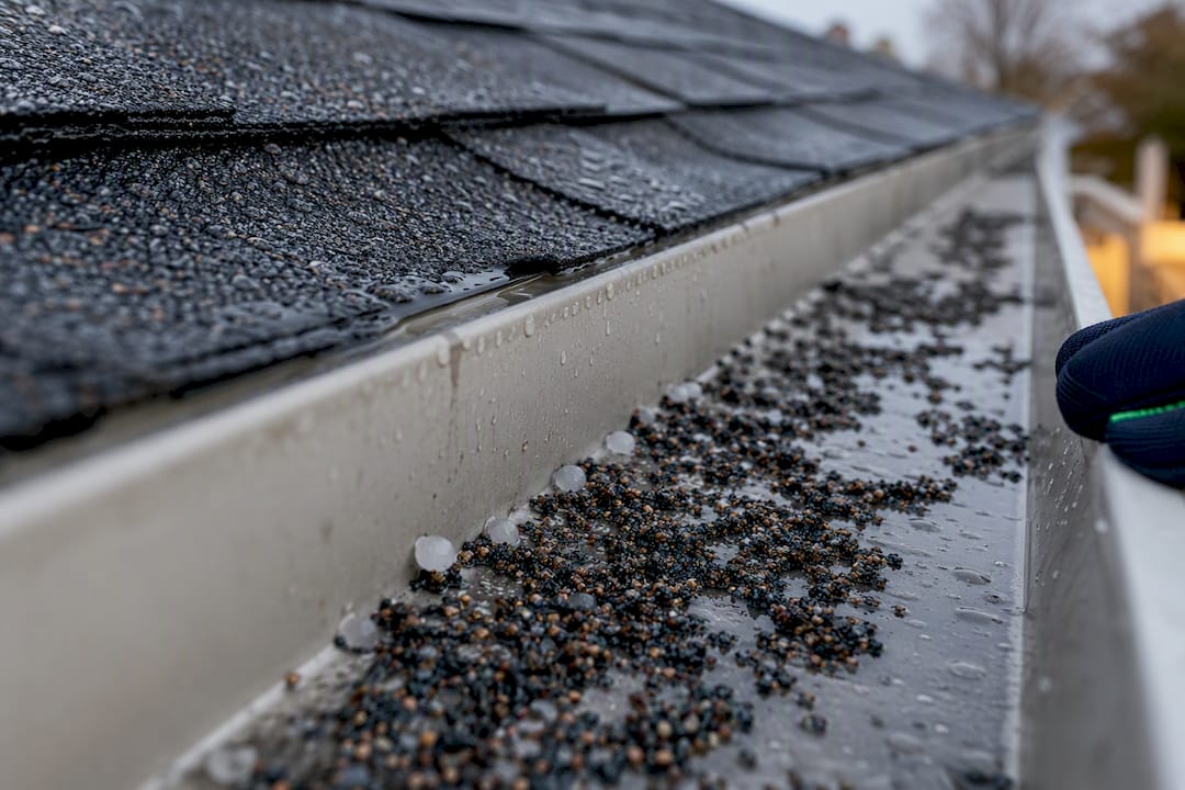Loose roofing granules collected in gutter