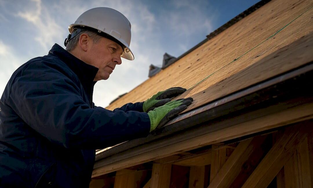 Inspector examining exposed residential roof sheathing