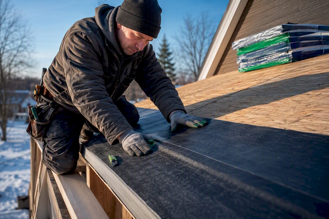 Roofer installing ice barrier at roof eave