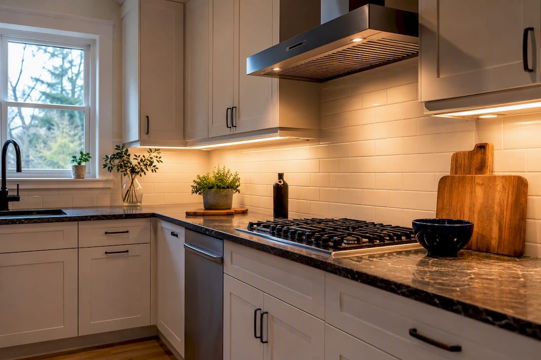 L-shaped kitchen with task lighting and range hood