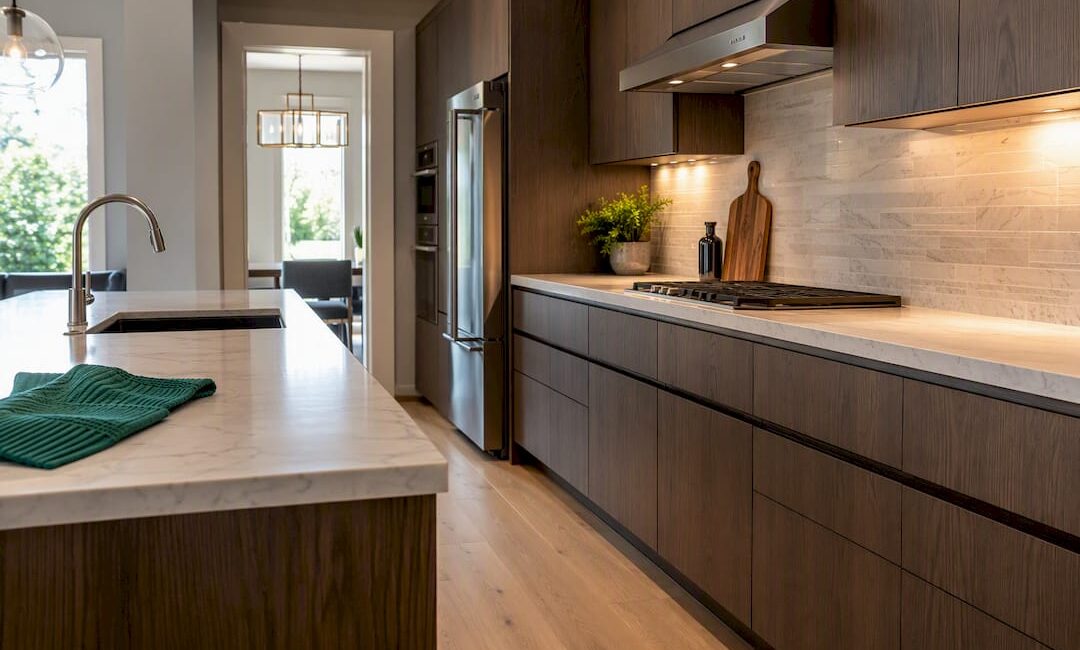 Remodeled kitchen showing island and aisle clearance