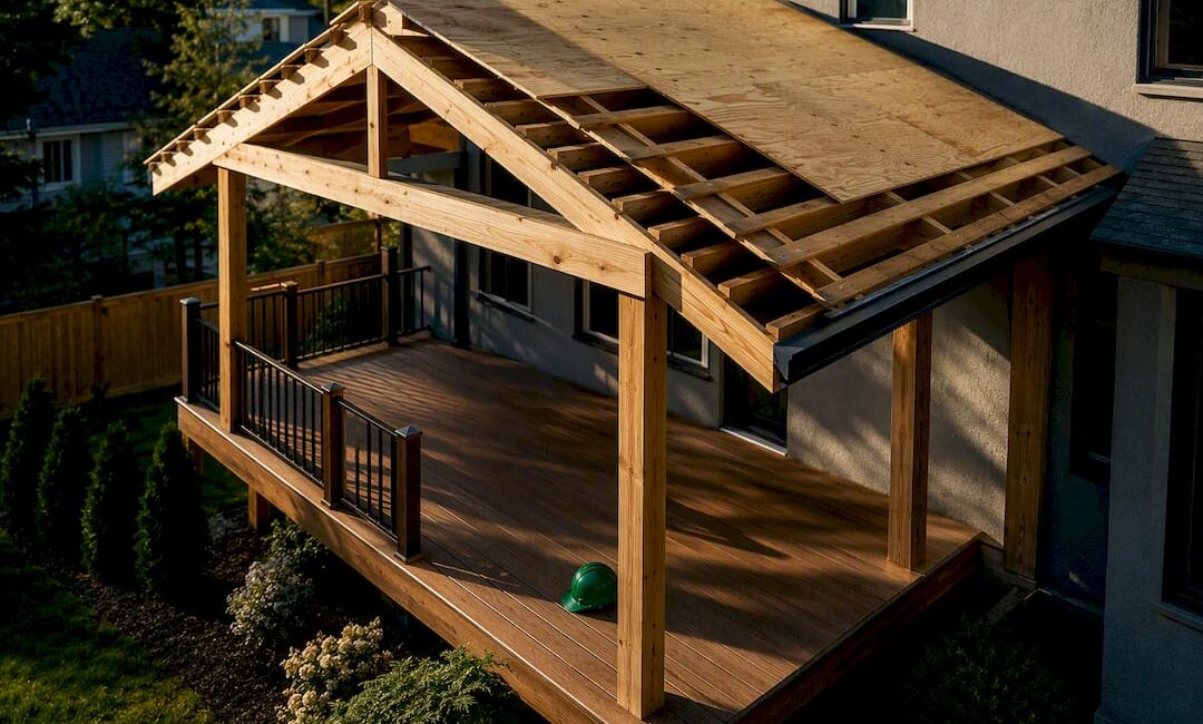 Covered deck roof structure beside home