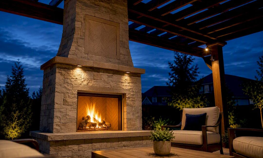 Masonry outdoor fireplace beneath pergola