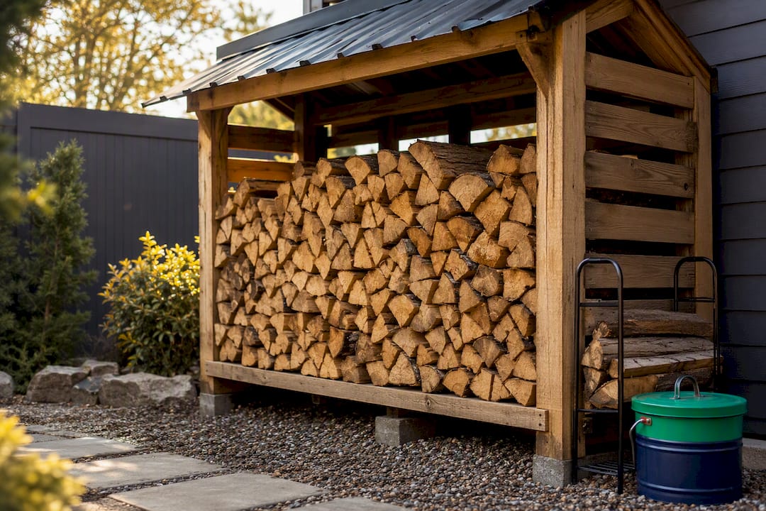 Raised covered firewood storage outdoors