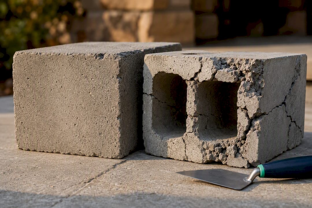 Cracked hollow block beside solid fire-rated block