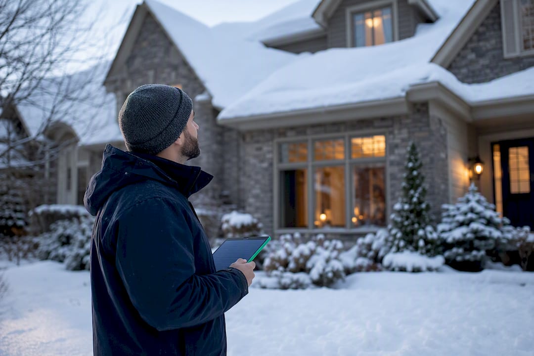 Inspector examining snow-covered residential roof