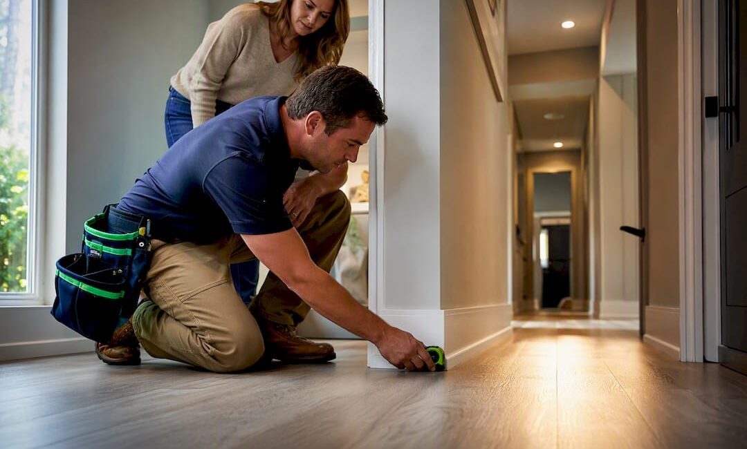 Contractor inspecting trim during renovation closeout