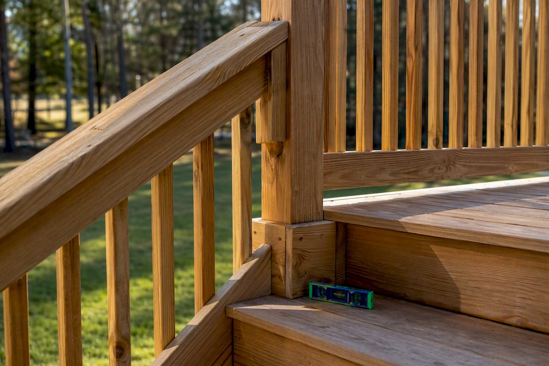 Deck stair handrail joining guard railing