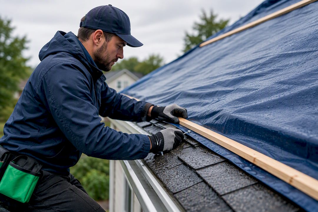 Professional securing temporary roof tarp