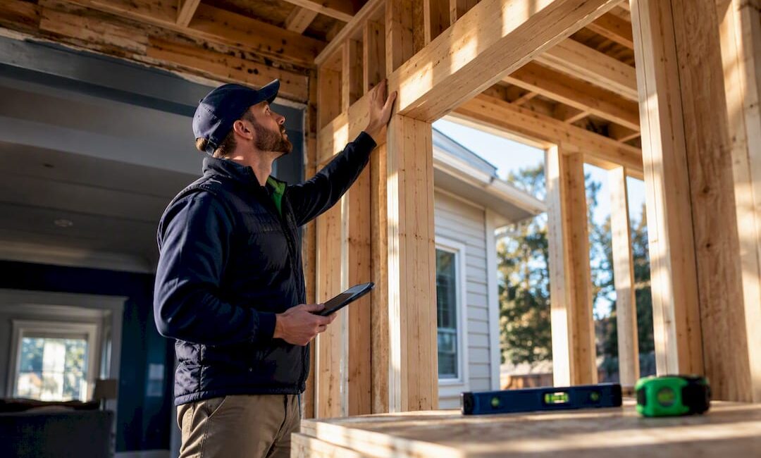 Contractor inspecting framed home addition