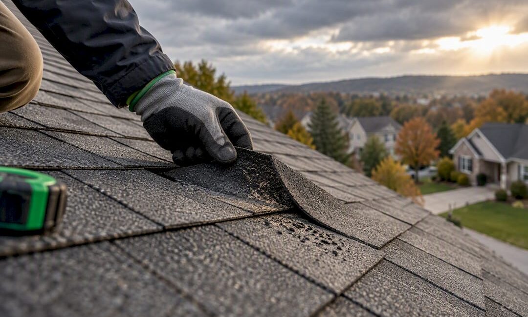 Storm-damaged shingle under close inspection