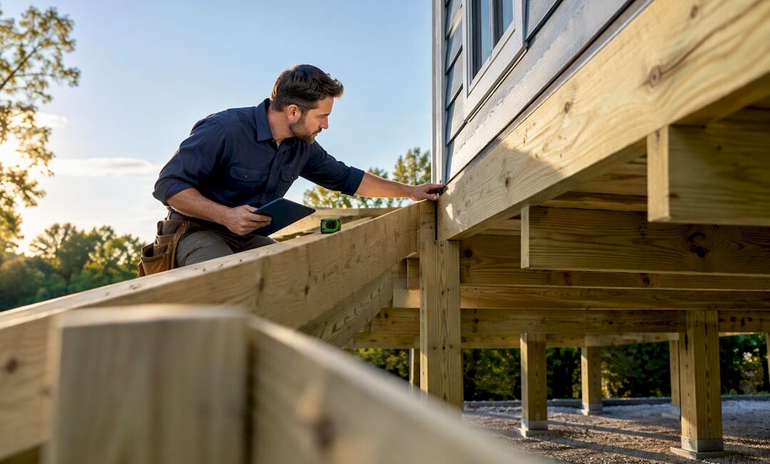 Contractor inspecting residential deck framing