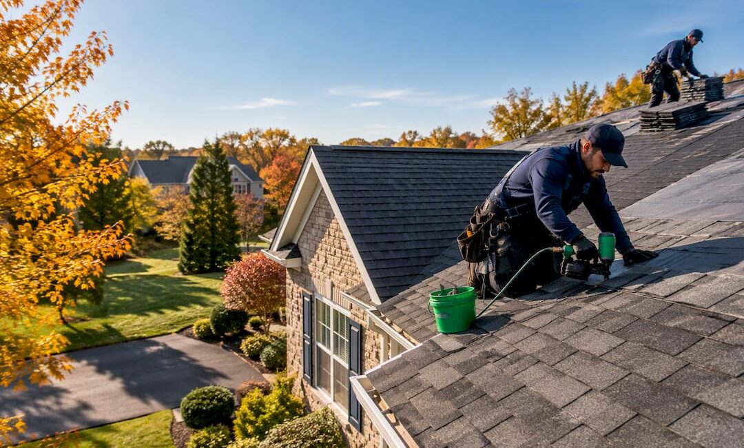 Roofing crew replacing shingles in early fall