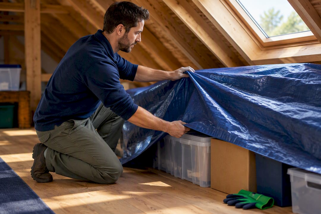 Homeowner covering attic belongings before roofing work