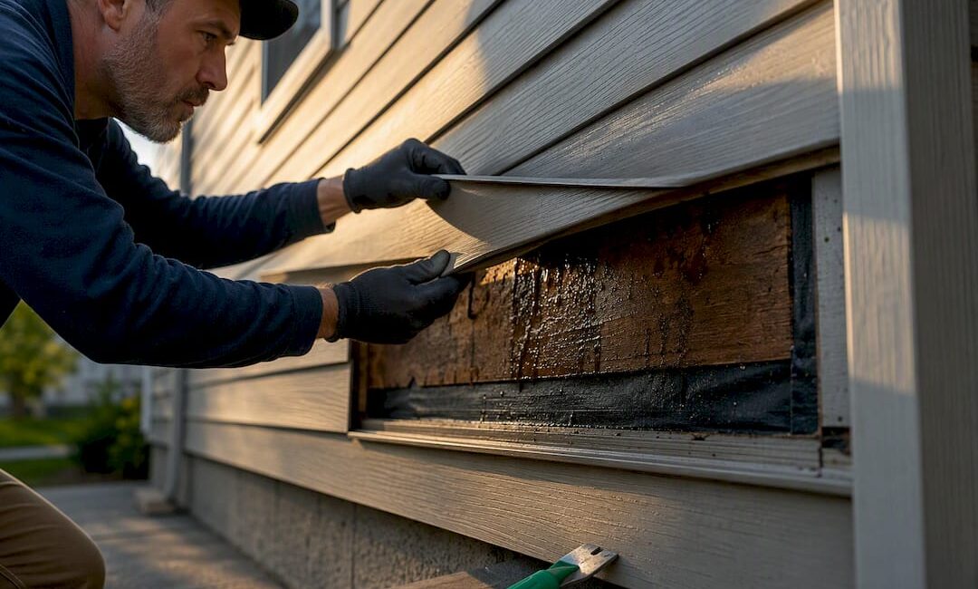Exposed wet sheathing behind vinyl siding