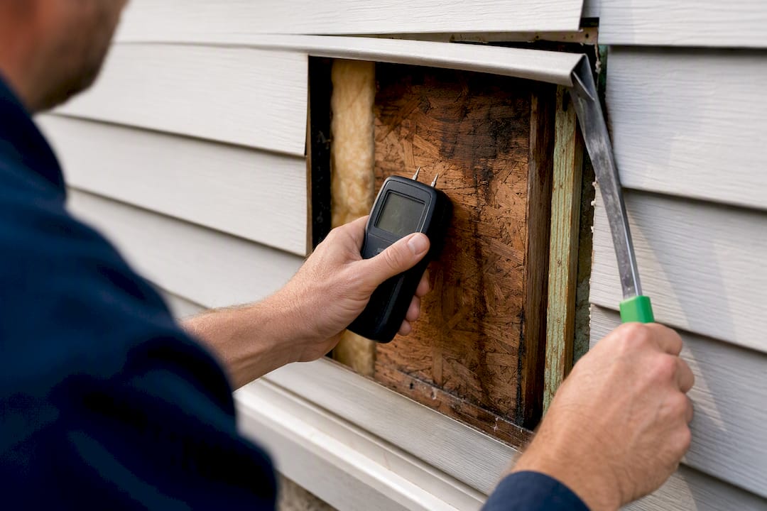 Technician checking moisture behind siding