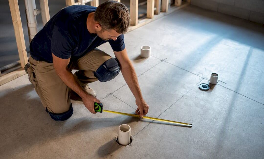 Contractor measuring basement bathroom rough-in locations