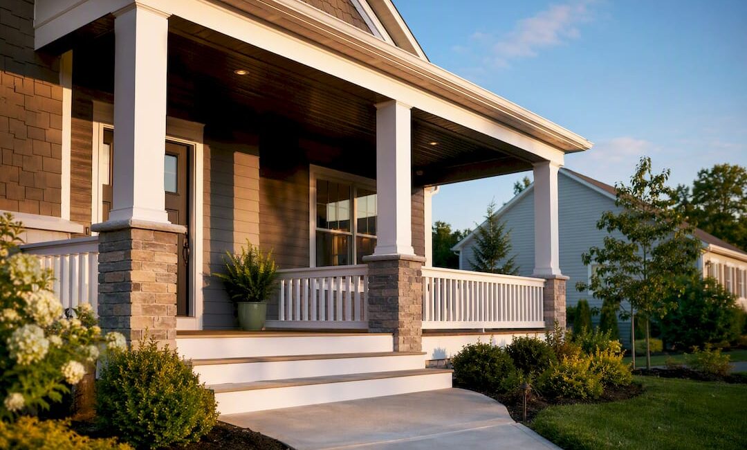 Covered front porch addition on suburban home