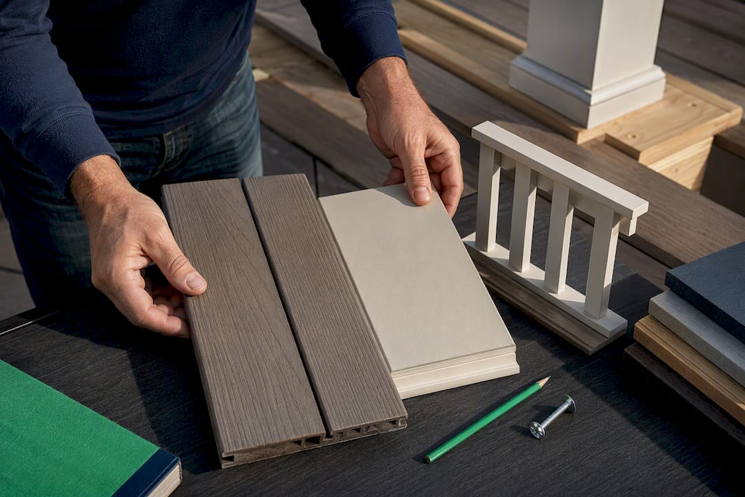 Hands comparing porch material finish samples