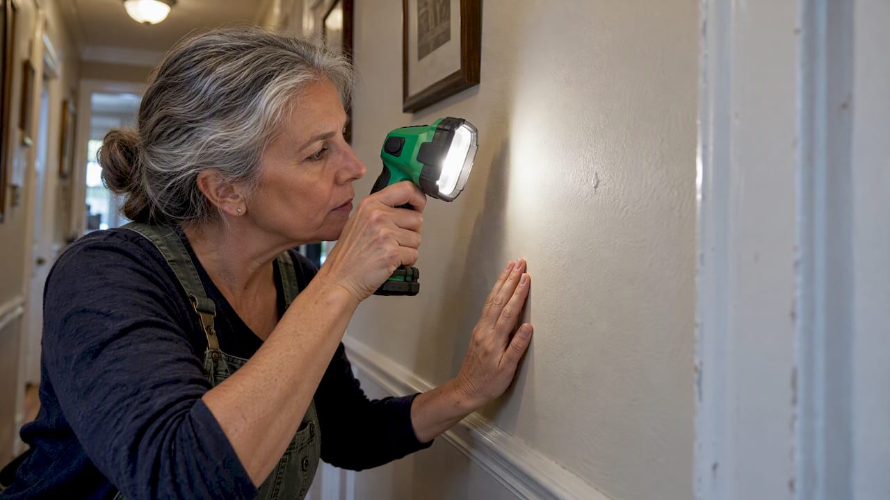 Raking light revealing raised drywall nail pop