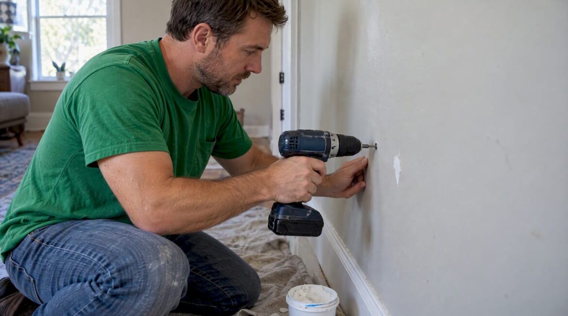 Homeowner repairing drywall nail pop with screw