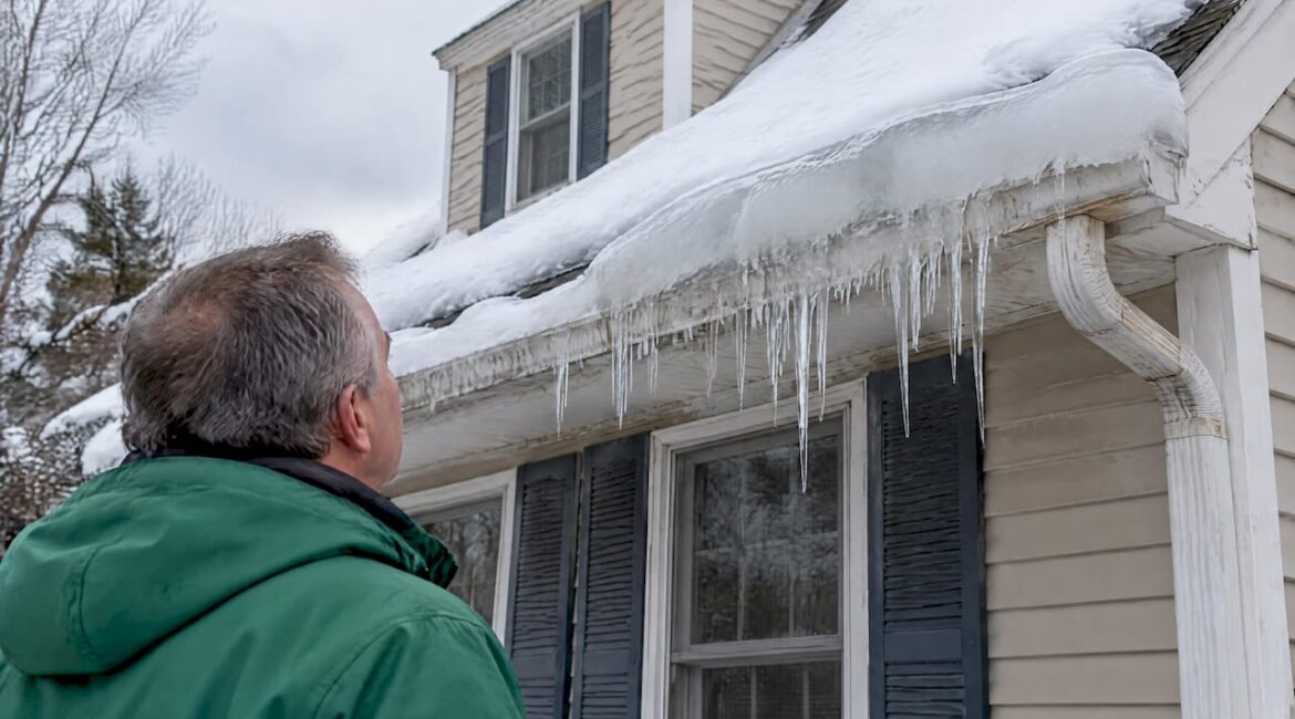 Ice dam forming along snowy roof eave