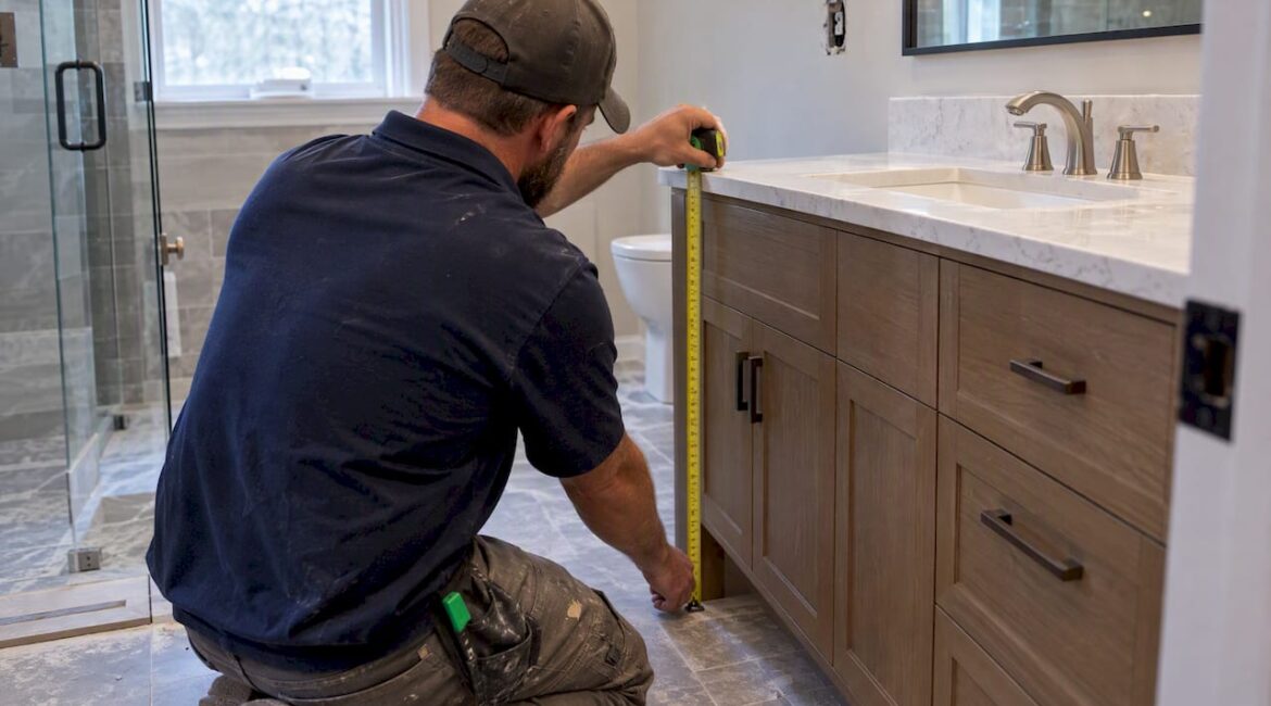 Contractor measuring bathroom vanity height