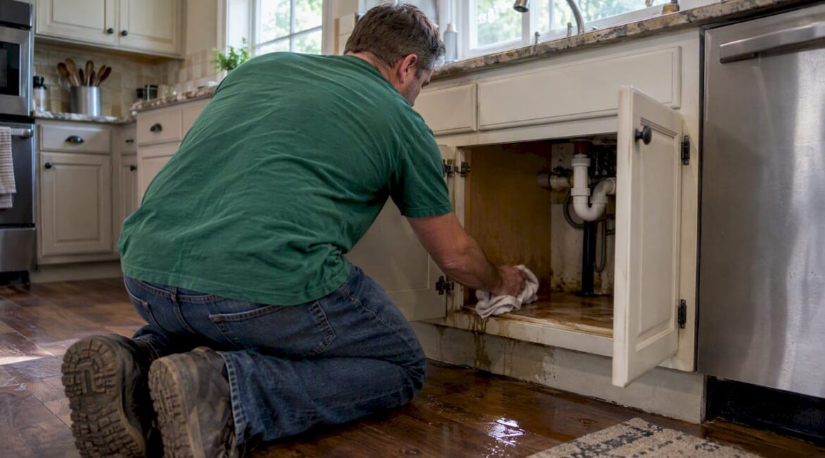 Homeowner drying a water-damaged cabinet