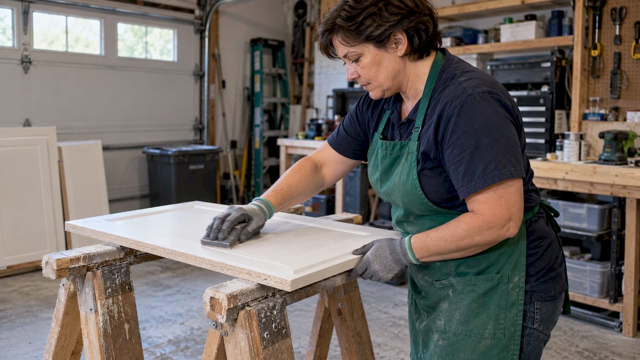 Worker sanding laminate cabinet door before refinishing