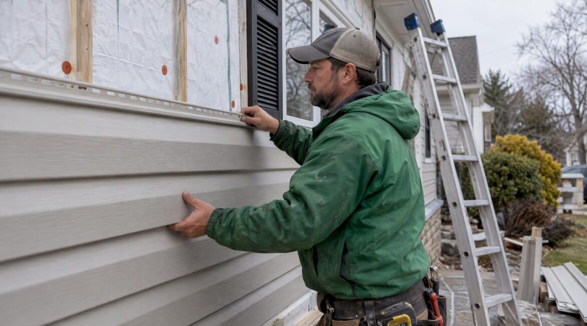 Contractor installing foam-backed vinyl siding