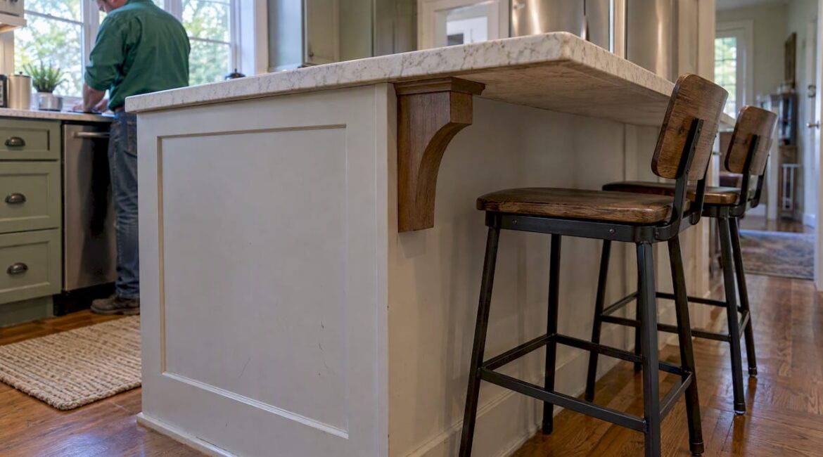 Kitchen island overhang with stools and corbel support