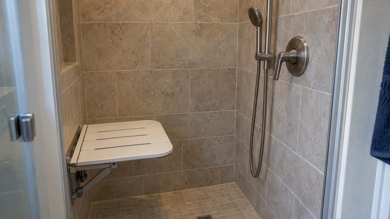 Shower seat and controls positioned within reach