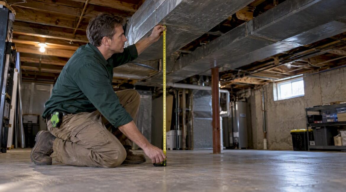 Contractor measuring clearance beneath a basement duct