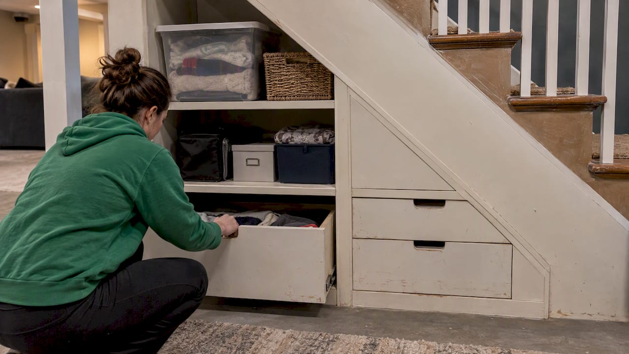Built-in drawers and shelves beneath basement stairs