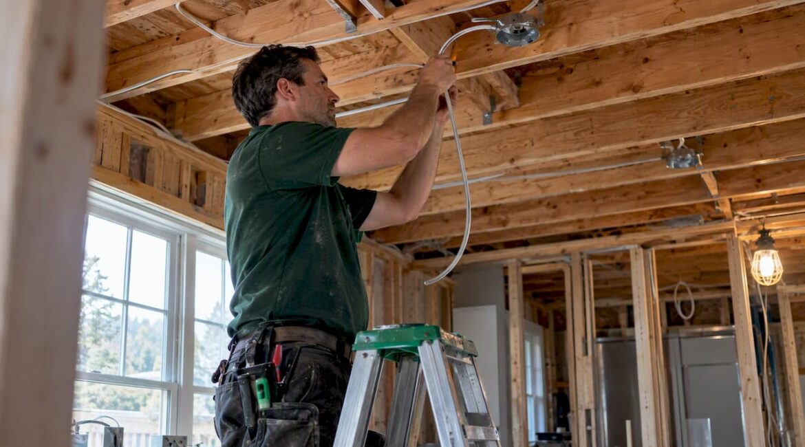 Electrician routing lighting wires through open ceiling