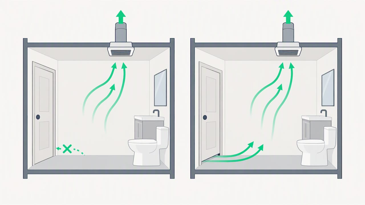 Air entering beneath door toward exhaust fan